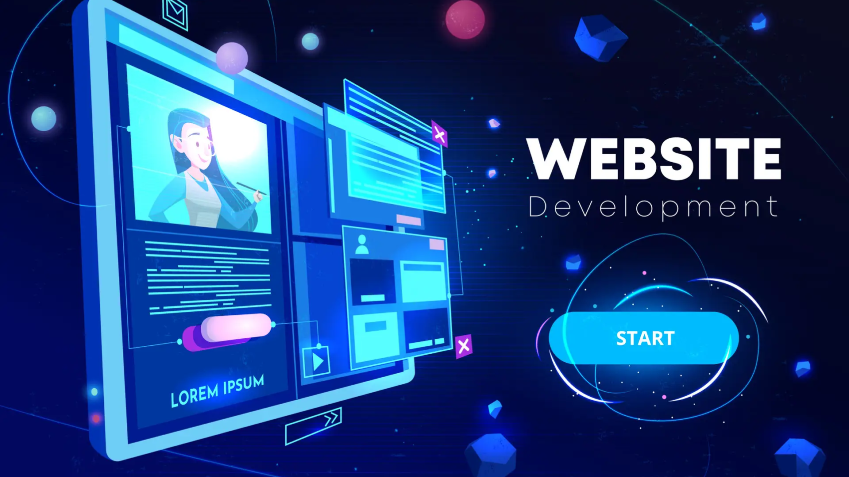 Website development banner, computer technology, monitor with open browser page and woman profile on screen, futuristic background in neon glowing colors. Cartoon vector illustration, landing page