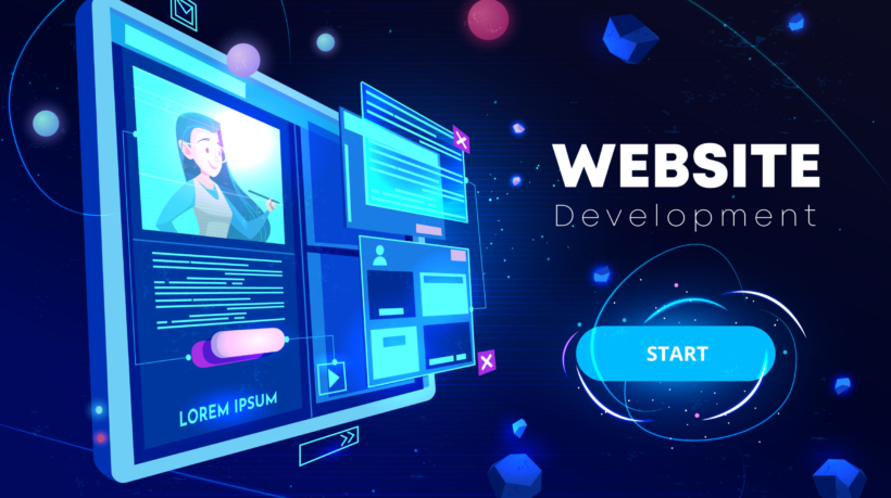 Website development banner, computer technology, monitor with open browser page and woman profile on screen, futuristic background in neon glowing colors. Cartoon vector illustration, landing page