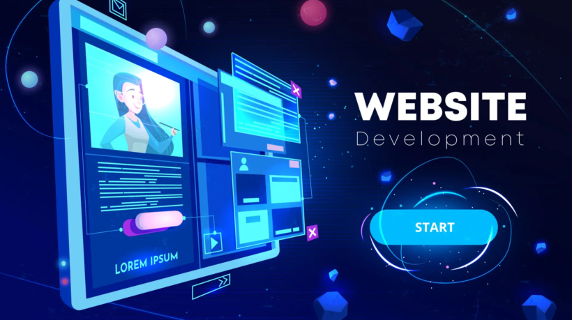 Website development banner, computer technology, monitor with open browser page and woman profile on screen, futuristic background in neon glowing colors. Cartoon vector illustration, landing page