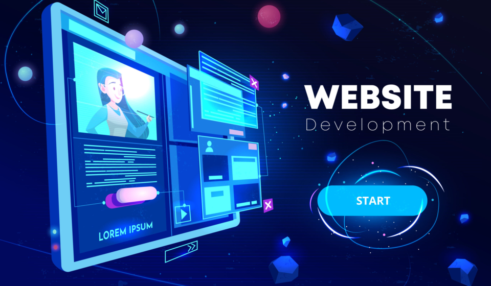 Website development banner, computer technology, monitor with open browser page and woman profile on screen, futuristic background in neon glowing colors. Cartoon vector illustration, landing page